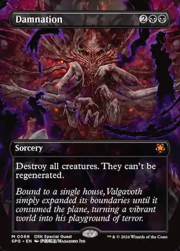 Demon is spirit realm with purple and black fog and multiple arms taunting woman in white with black hair in MTG Duskmourn set