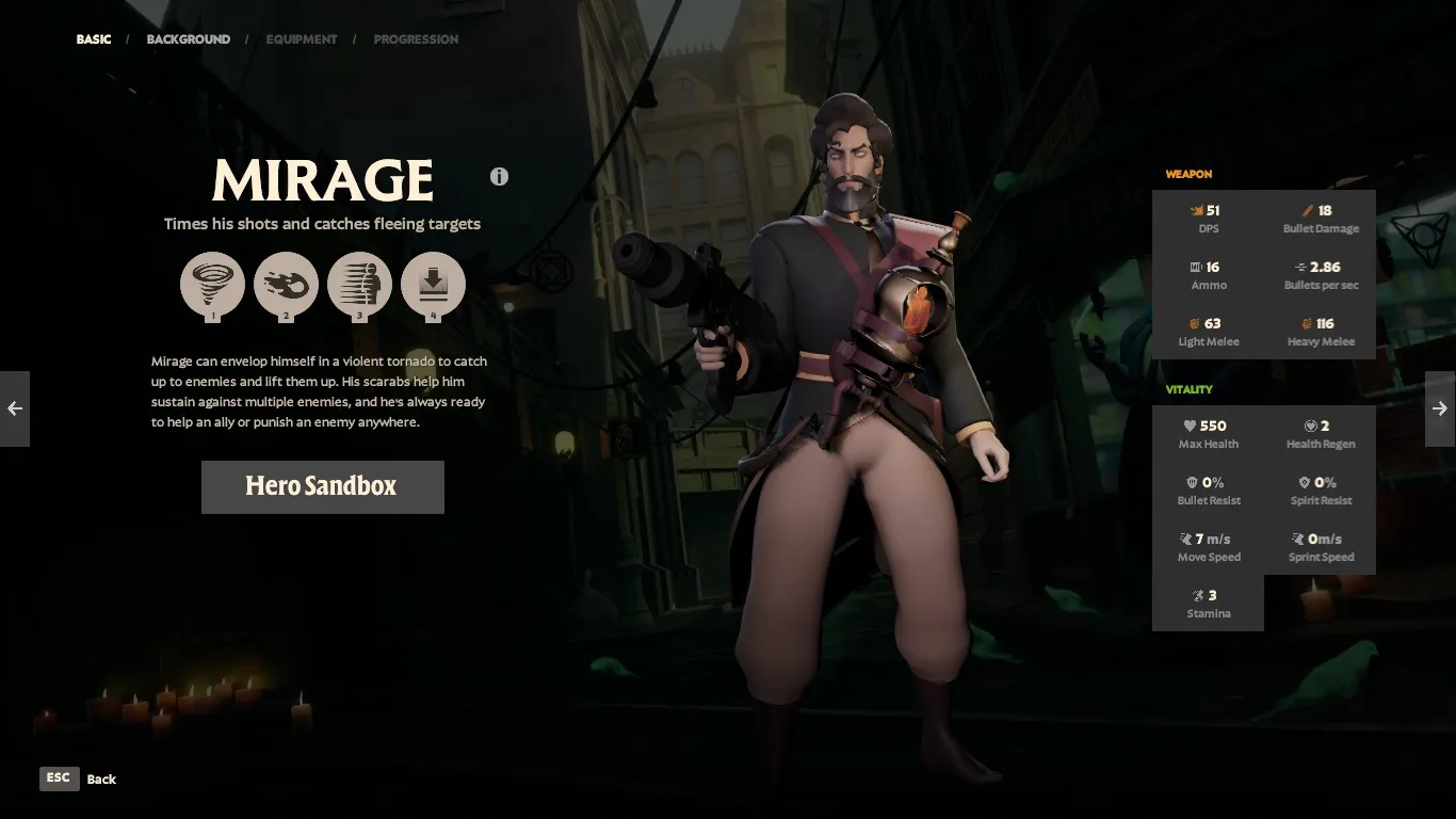 Mirage's hero ability section in Deadlock providing a brief introduction for the character