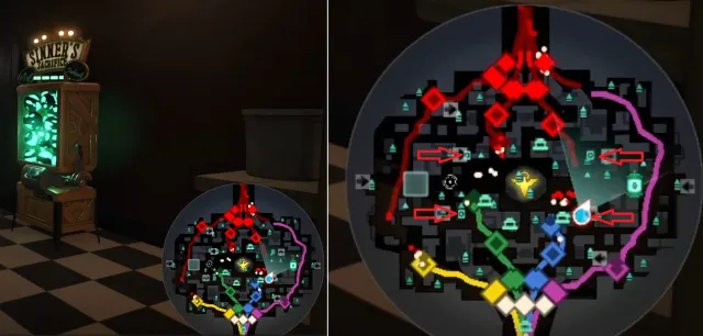 A sinner's sacrifice on the left and the minimap enlarged with red arrows pointing to the Sinners Sacrifices locations