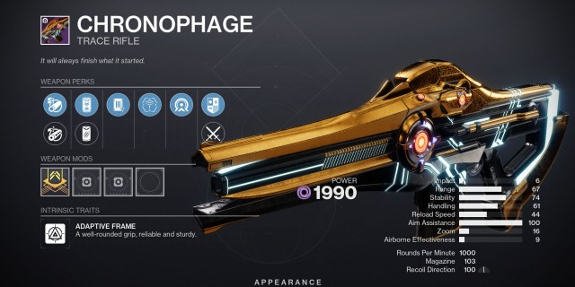 Chronophage, a metallic bronze trace rifle from Destiny 2, with its stats displayed.