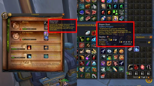 Red boxes outlining the disenchant ability and storm dust in bags in wow the war within