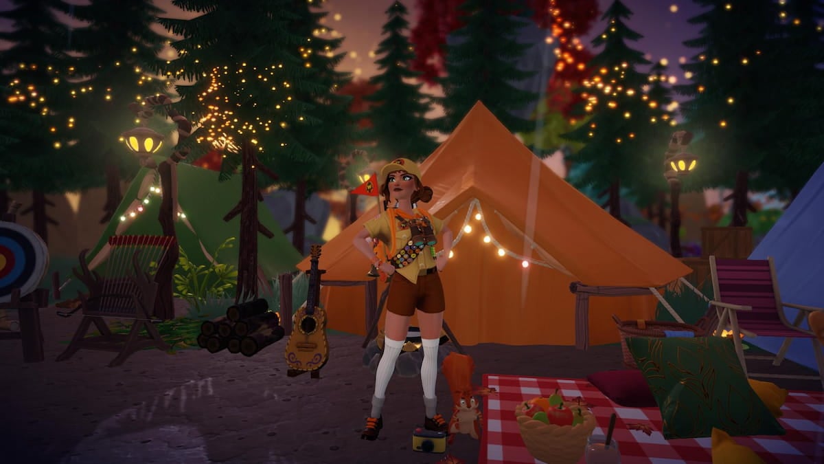 Standing confidently in a camp in Disney Dreamlight Valley.