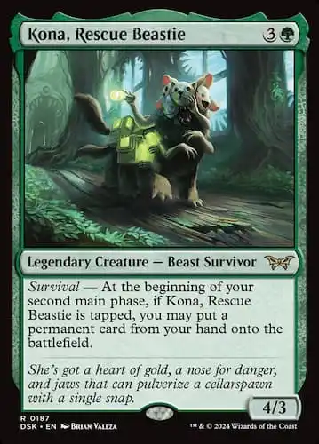 Beast wearing multiple fox hats in forest with creature in background through MTG Duskmourn set