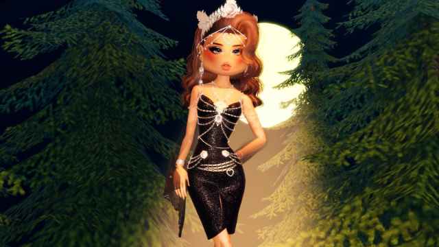 A player wearing a sparkling black dress adorned with lots of silver jewelry and a silver crown standing in a green forest with the moon behind them in Dress to Impress.