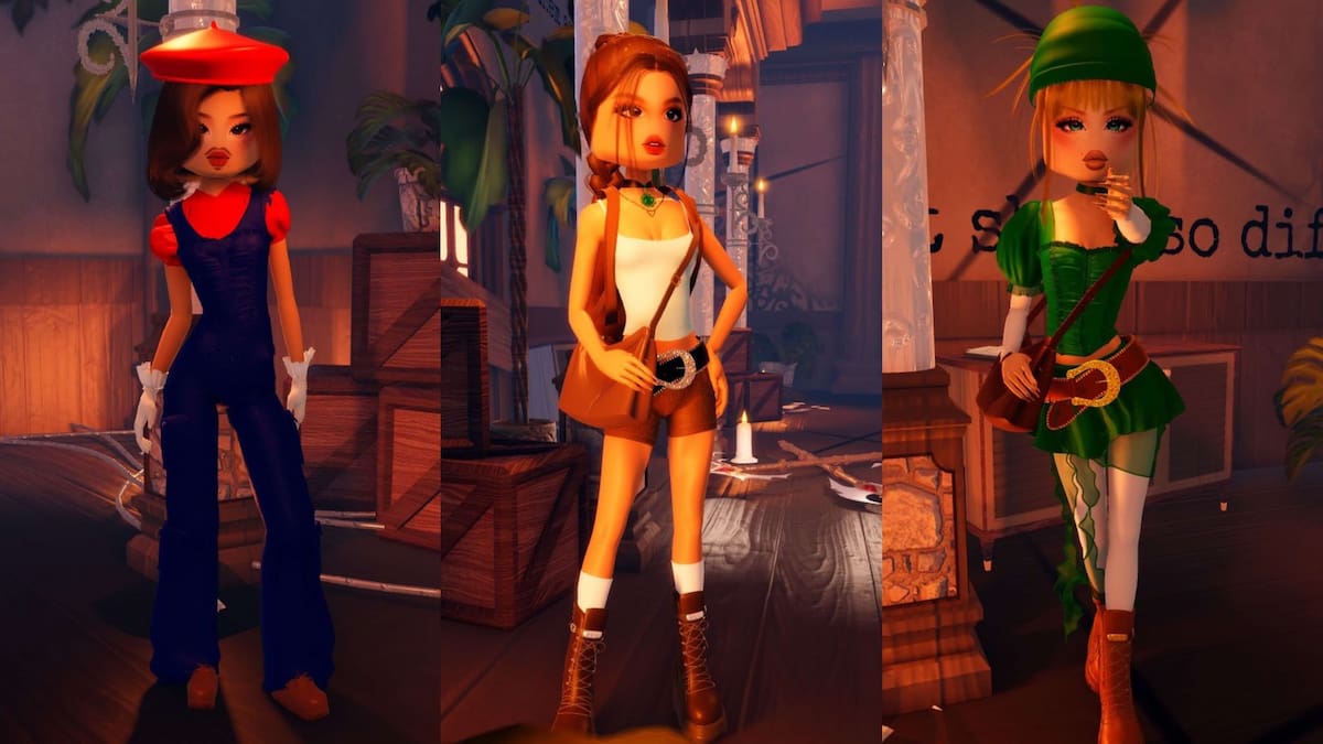 Mario, Lara Croft, and Link for the Video Game Character theme in Dress to Impress.