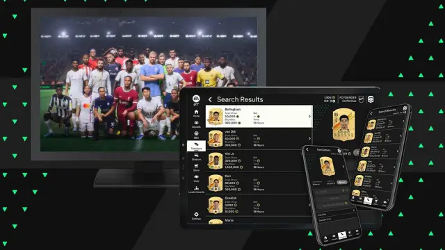 Two framed squares for EA FC 24 showing a team picture with several superstars and the Web App interface.