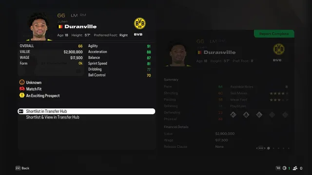 Julien Duranville stats in EA FC 25 Career Mode