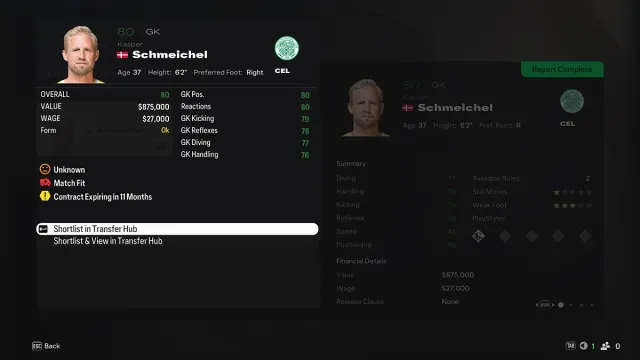 Kasper Schmeichel's player card in EA FC 25 Career Mode