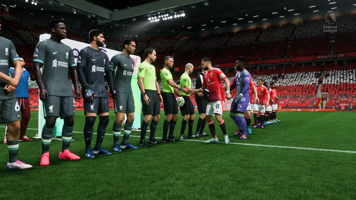 Manchester United and Liverpool players shaking hands before a match in EA FC 25