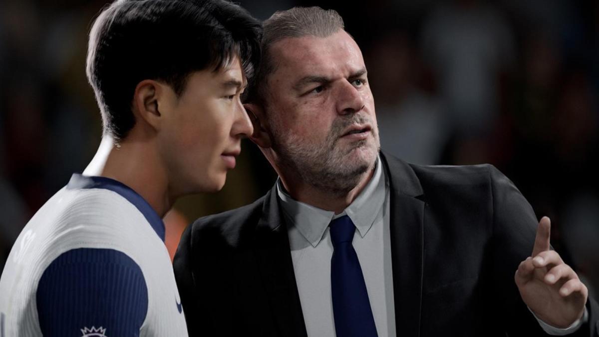 Virtual versions of Heung-min Son and Ange Postecoglou are leaned in speaking to each other as Son prepares to take the field in an EA FC 25 video game match.