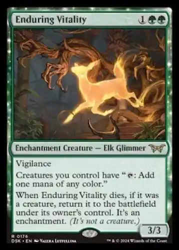 Gold elk glimmer dancing through haunted trees in forest through MTG Duskmourn set