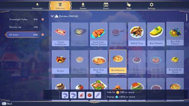 The entrees tab in the collection in Disney Dreamlight Valley.