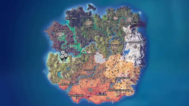 All Stark Power Dampener locations marked on a map in Fortnite.