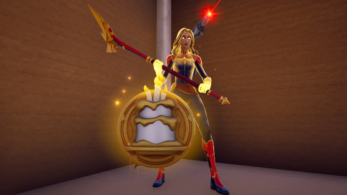 Fornite character standing behind a golden birth medallion