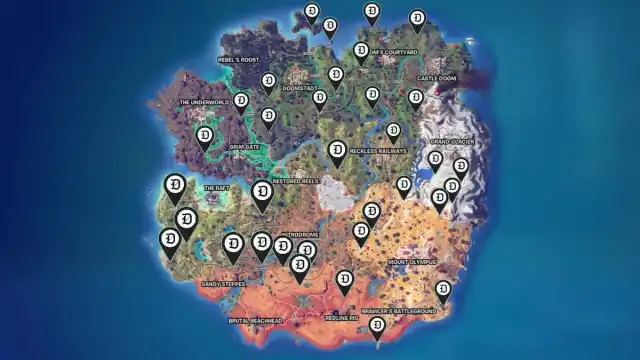 All Landmarks in Fortnite Chapter Five, season four marked on a map.