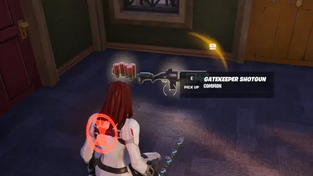 Black Widow looking at a common gun in Fortnite.