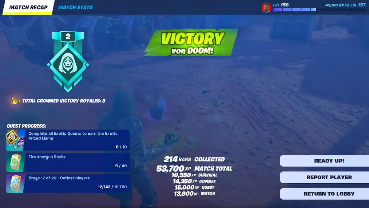 The special Victory von Doom screen for Doom's Chosen in Fortnite.