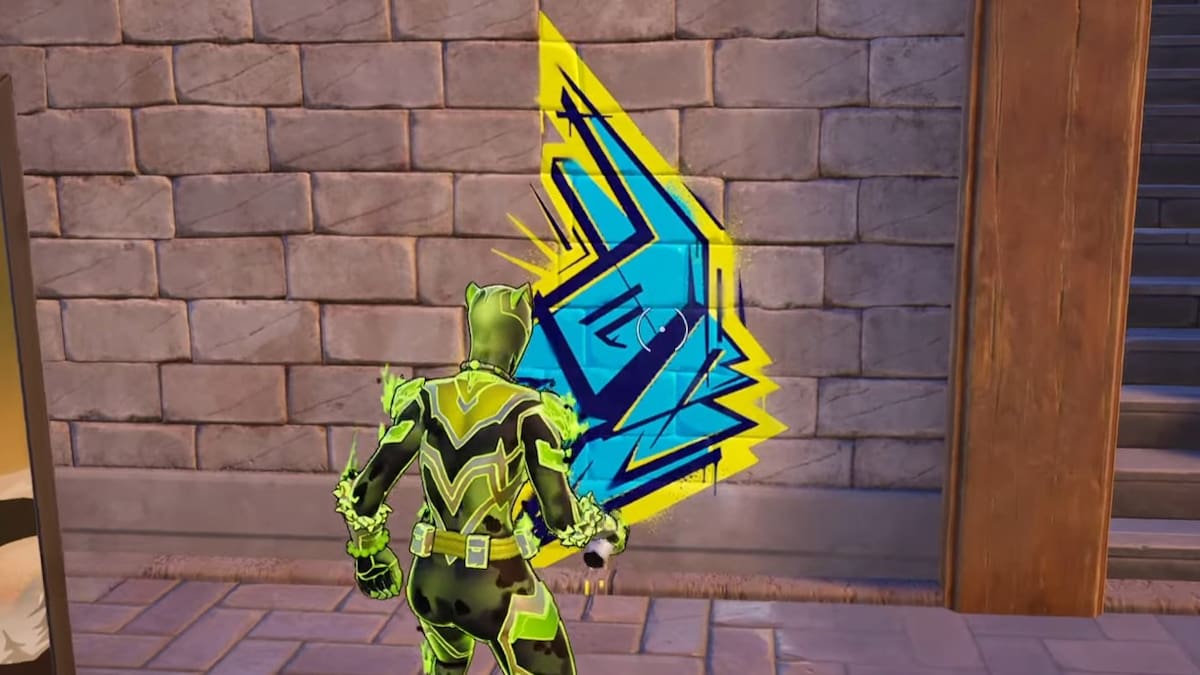 Spraying graffiti at Doomstadt in Fortnite.