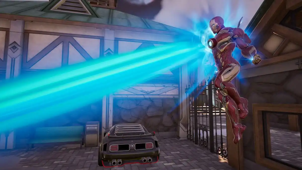 Iron Man using his unibeam by a vehicle in Fortnite.