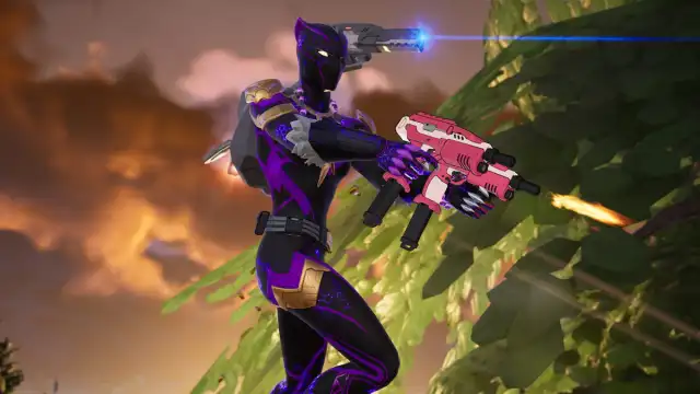 Shuri shooting with Gwenpool's Dual SMG's in Fortnite.