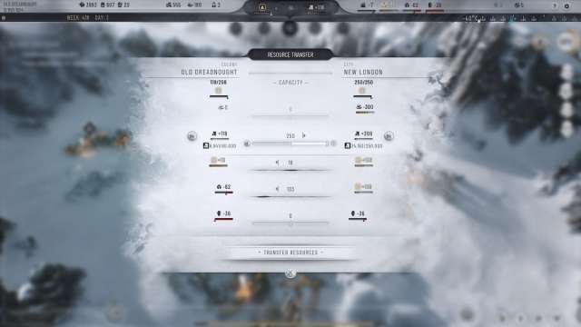 Colony resource transfer menu in Frostpunk 2