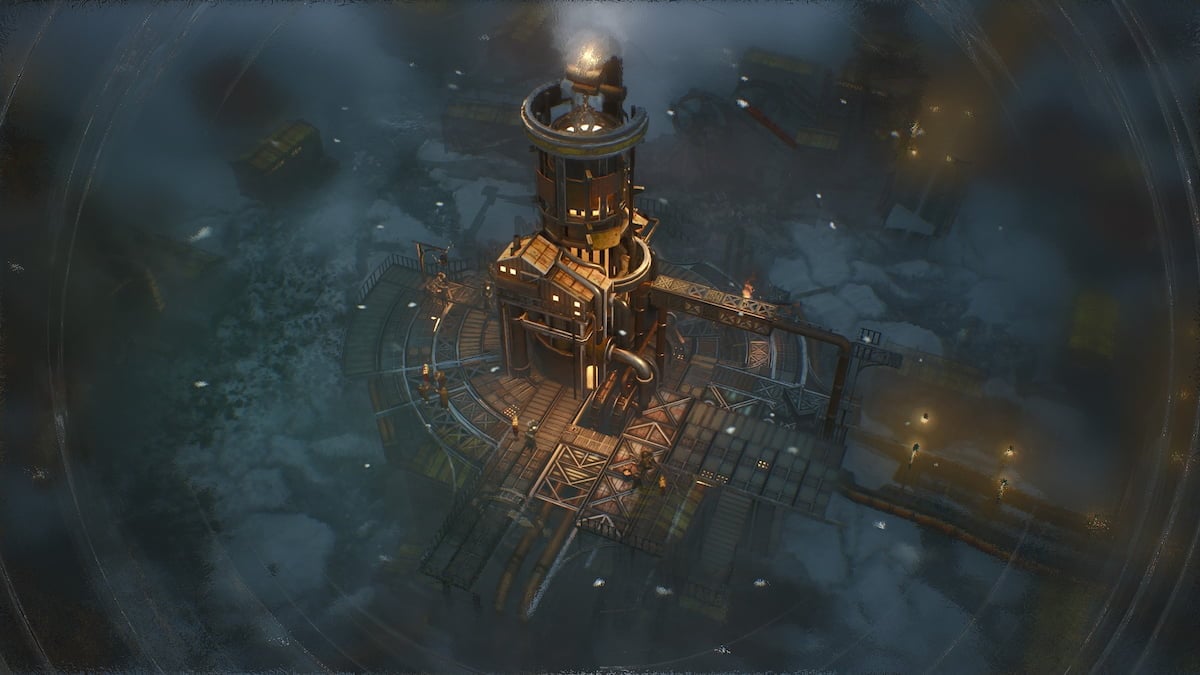 Lens zoomed in on the Extraction District in Frostpunk 2