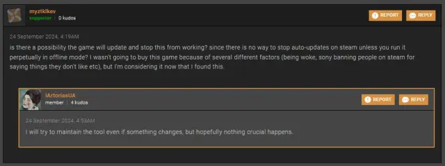 screenshot of iArtorias' comment about maintaining the NoPSSDK mod