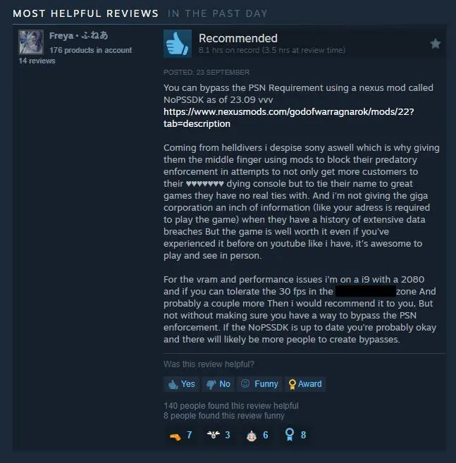 Screenshot of the top user review on God of War Ragnarok's steam page 