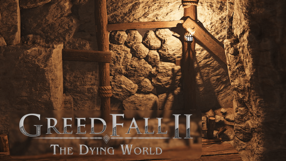 An image from GreedFall 2 showing a rock wall in a mine with the game's logo across the corner