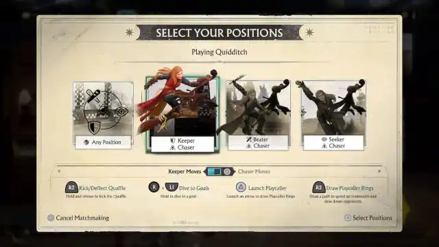 Quidditch Champions multiplayer position select screen