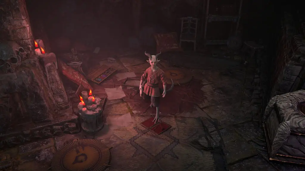 A small chiled with horns and a tail stands in a room with candles lit nearby.