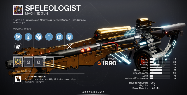 The Speleologist machine gun from Destiny 2 with perks and stats displayed.