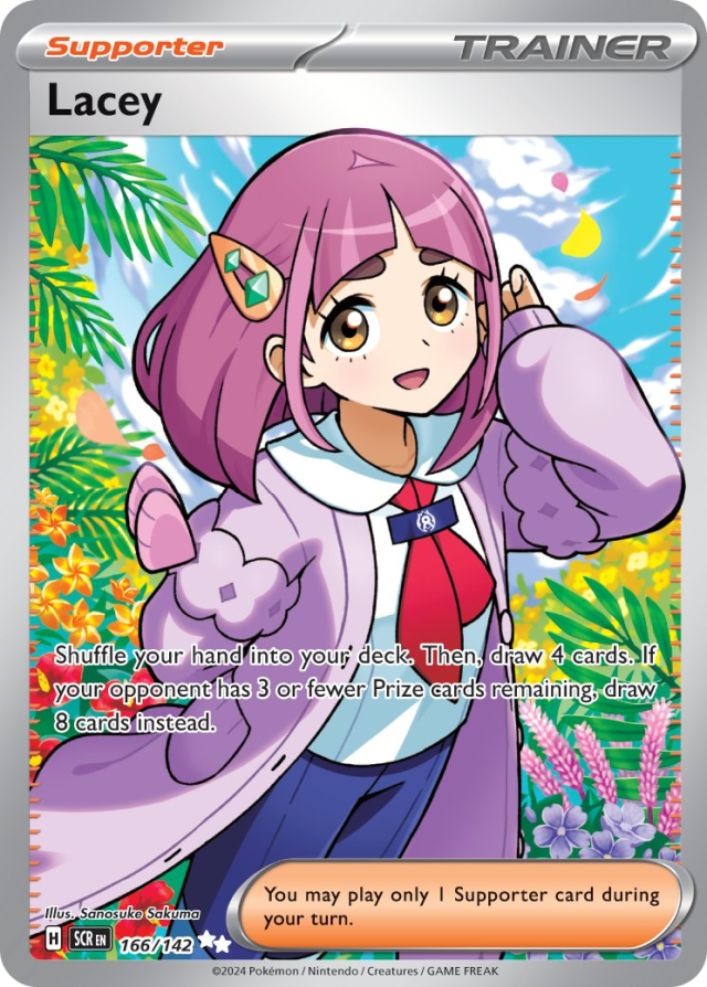 stellar crown lacey full art card showing her standing in a tropical zone