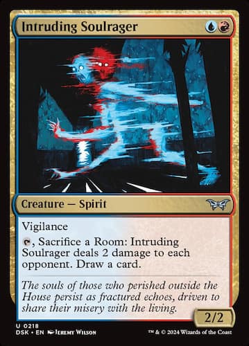 Human spirit glitching in blue and red colors within haunted house through MTG Duskmourn set