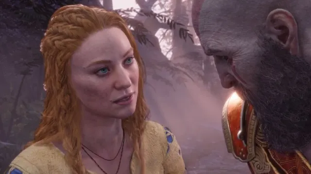 A red-haired woman with Nordic braids and garments speaks to a weathered man. Image of Laufey from God of War Ragnarok