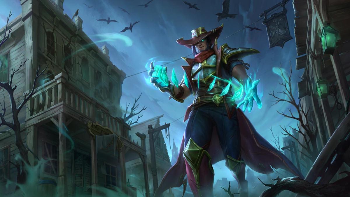 Twisted Fate from League of Legends walks through an abandoned town where crows circle above the destroyed buildings. He's wearing his usual iconic widebrim hat and red and blue travelling gear and is casting a spell that creates several magical cards that are flying from hand to hand.