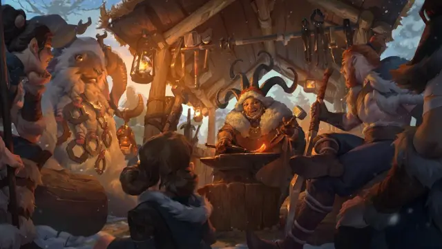 An older woman on the frontier in League of Legends tells a story to other gathered Runeterra villagers.