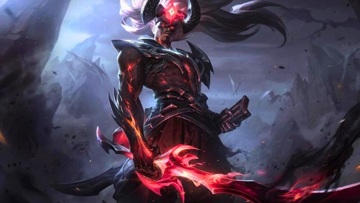 Yasuo surrounded by black smoke with a glowing sword for his Genesis Nightbringer skins