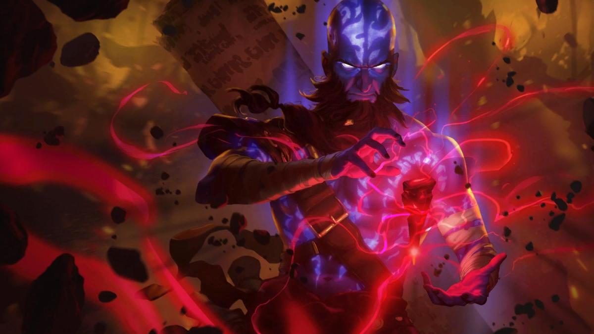 Ryze from League of Legends casts a huge red electric spell while the world of Runeterra crumbles behind him