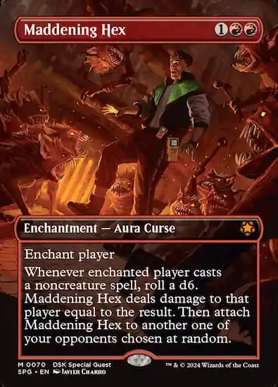 Man in green and silver jacket near fireplace with creatures attacking all around him in MTG Duskmourn set