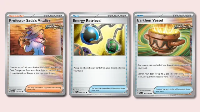 Professor Sada's Vitality, Energy Retrieval, and Earthen Vessel Pokemon cards.