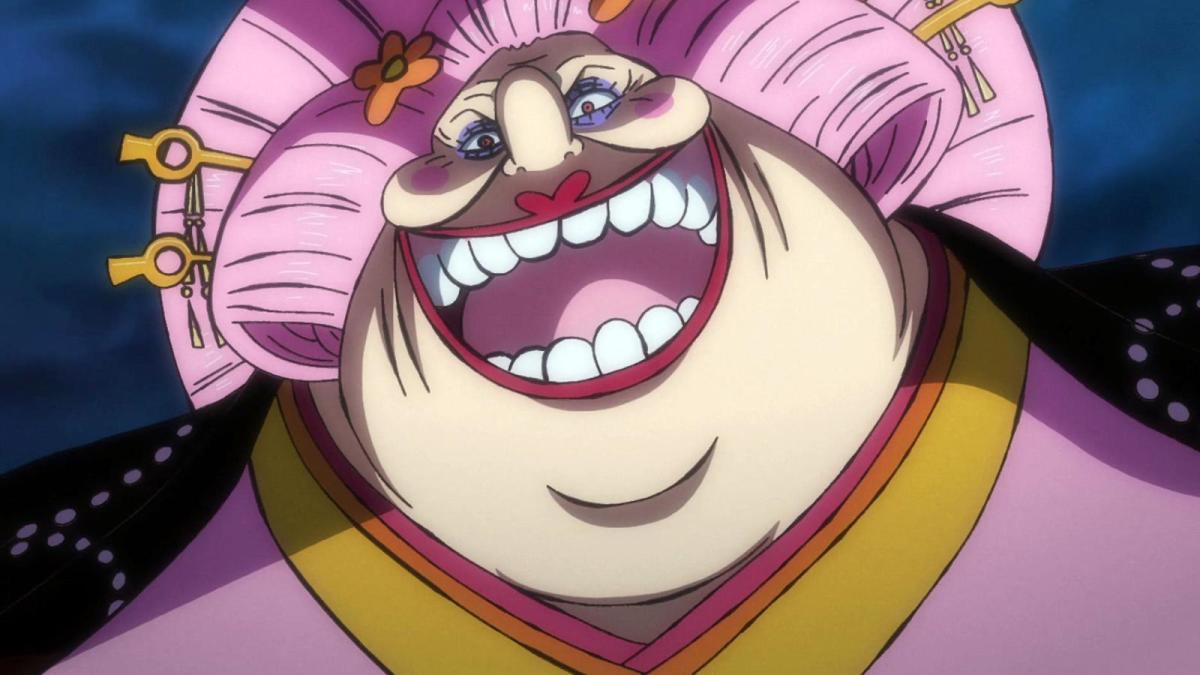 Big Mom from One Piece laughs while wearing a Wano Country outfit ready for a party.