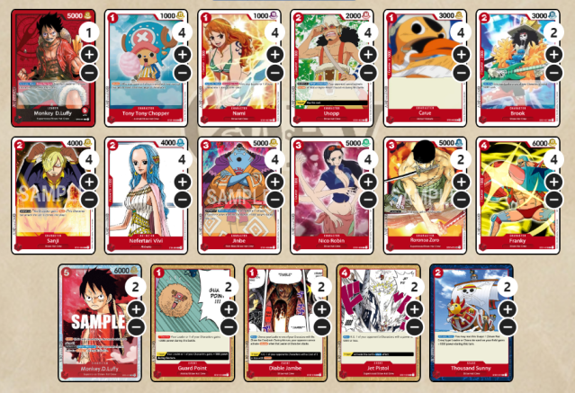 Fifty Red One Piece Card Game cards from the Straw Hat Pirates deck.