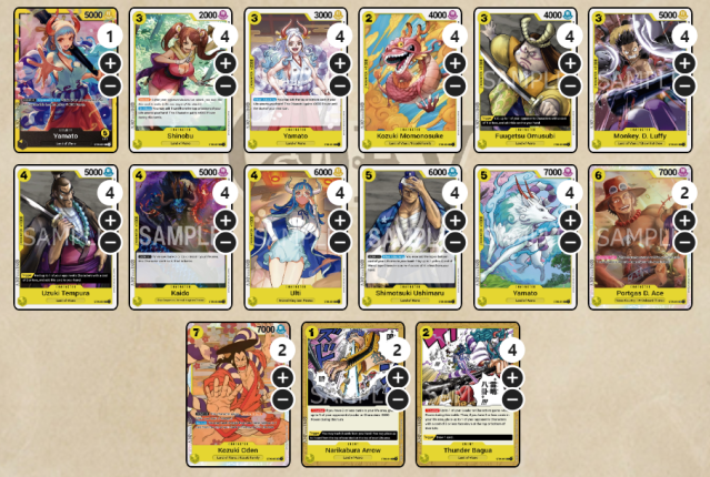 Fifty Yellow One Piece Card Game cards from the Yamato deck.