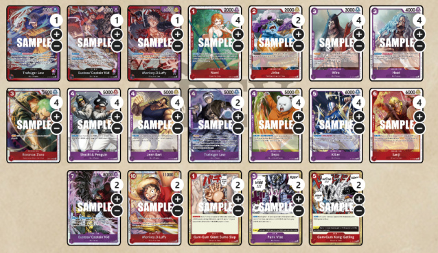 Fifty Red and Purple One Piece Card Game cards from the The Three Captains deck.