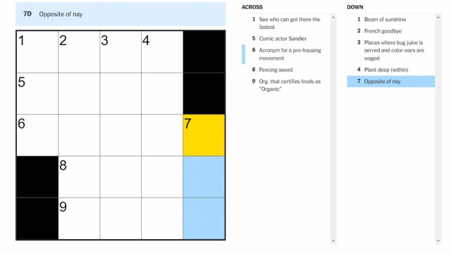 The Opposite of nay clue marked on the NYT Mini Crossword.