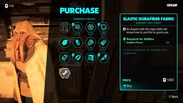 Shuma's vendor stock in Star Wars Outlaws