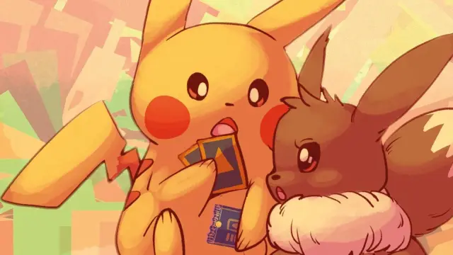 Pikachu and Eevee from Pokemon look surprised at several small trading cards that Pikachu is hold in its paw.