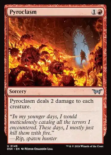 Large flame of fire from human wizard buring spiders in MTG Duskmourn set