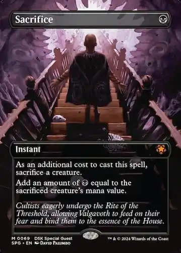 Human in cloak walkng down haunted stariwell into light and magic through MTG Duskmourn set